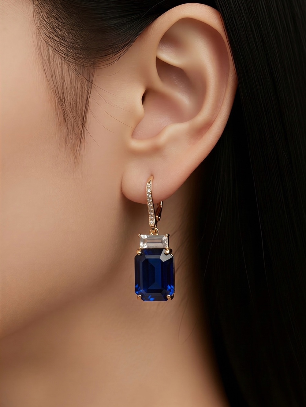 Ralph Lauren Gold-Tone Earrings with Deep Blue and Clear Stones